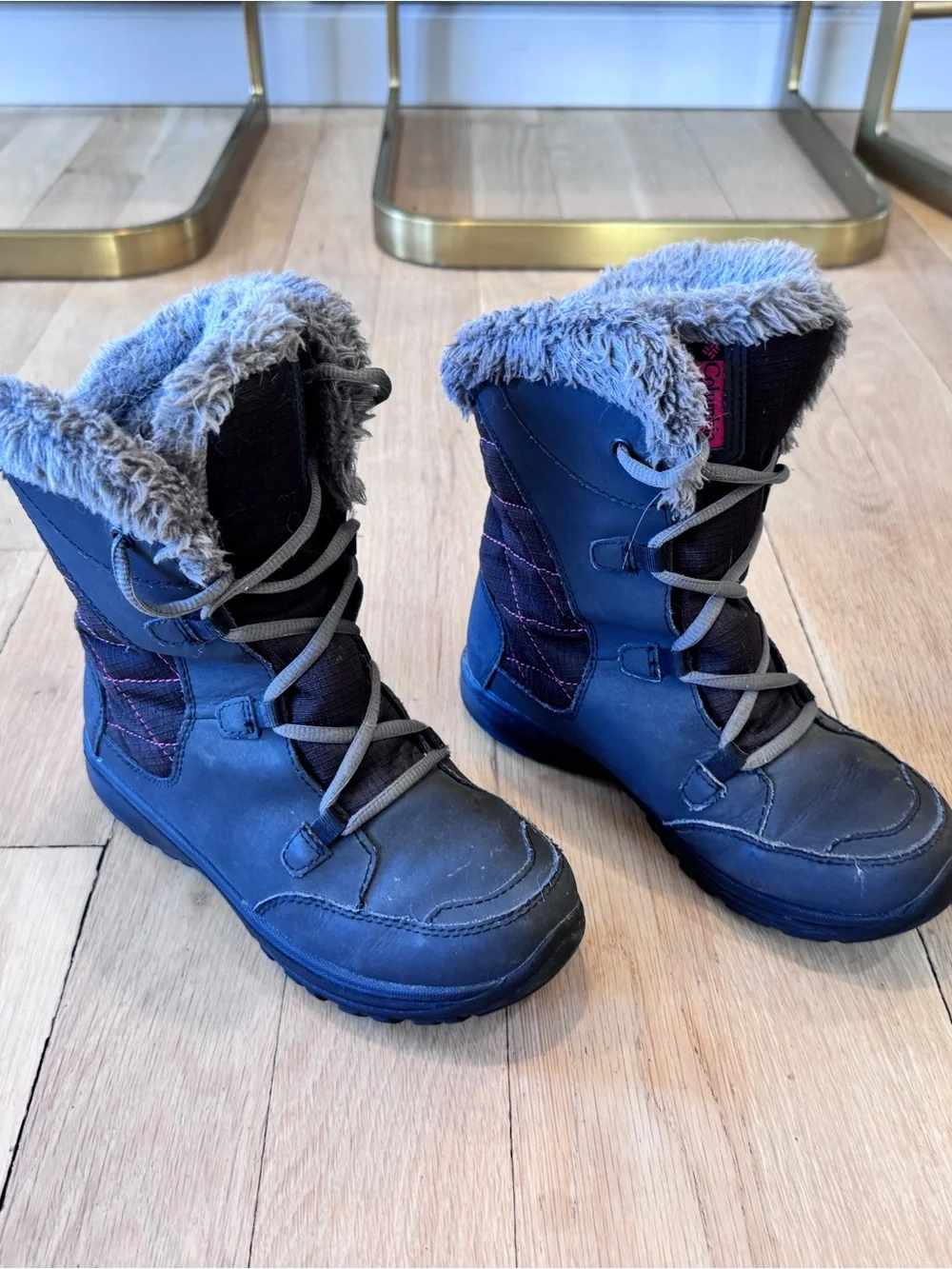 Columbia Navy and Gray Kids Waterproof Winter Boots with Faux Fur Collar